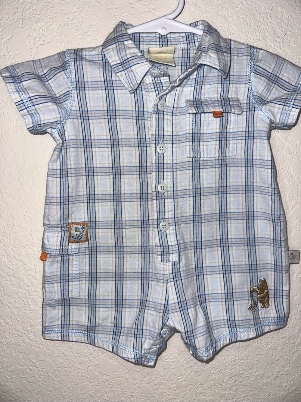 Vintage Embroidered Classic Winnie the Pooh Blue/White Plaid Baby Romper 3 Month